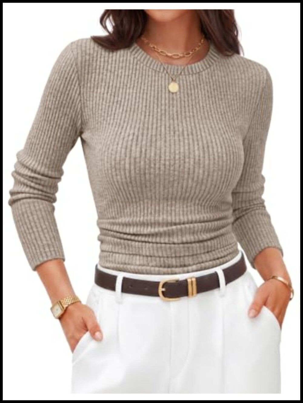 Ribbed Long Sleeve Crew Neck Slim Fit Ruched T-Shirt Business Casual Top